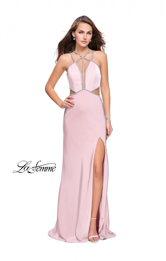 Picture of: Form Fitting Gown with Metallic Embellishments and Slit in Blush, Style: 25508, Detail Picture 2