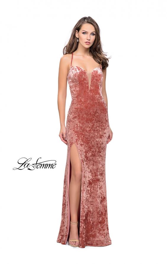 Picture of: Crushed Velvet Form Fitting Gown with Leg Slit and Open Back in Blush, Style: 25659, Detail Picture 2