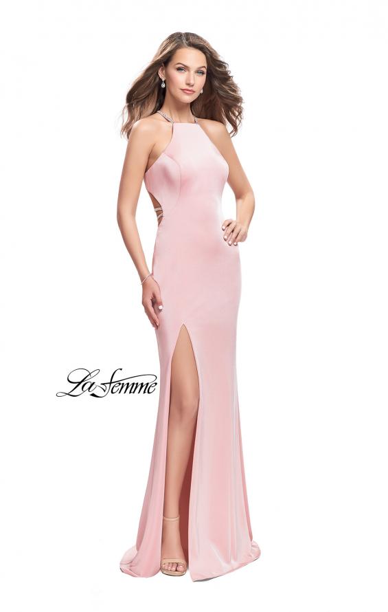 Picture of: Long Halter Prom Dress with Beaded Straps and Slit in Blush, Style: 25459, Detail Picture 3