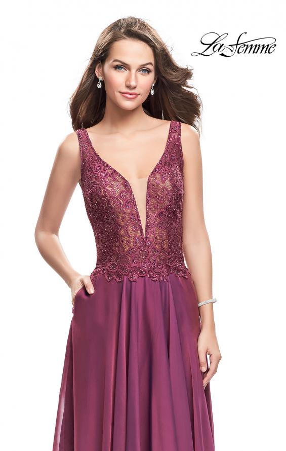 Picture of: Long Evening Gown with Chiffon Skirt and Scoop Open Back in Boysenberry, Style: 25513, Main Picture