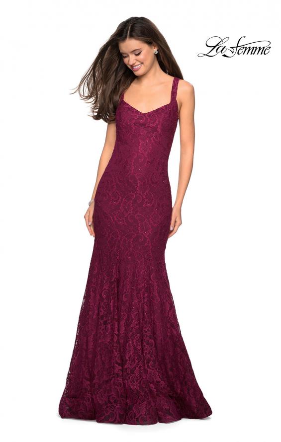 Picture of: Open Back Stretch Lace Long Prom Dress in Boysenberry, Style: 27709, Main Picture