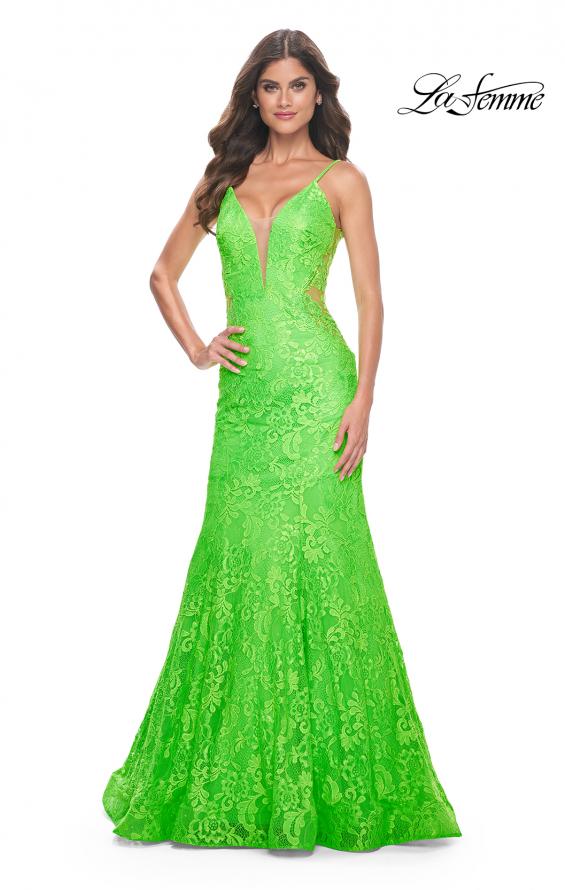 Picture of: Neon Long Mermaid Lace Dress with Back Rhinestone Detail in Bright Green, Style: 32314, Detail Picture 1