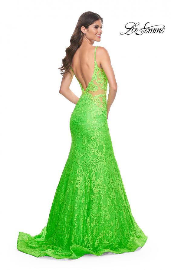 Picture of: Neon Long Mermaid Lace Dress with Back Rhinestone Detail in Bright Green, Style: 32314, Detail Picture 2