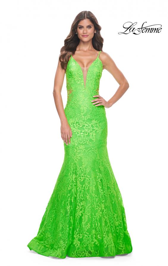 Picture of: Neon Long Mermaid Lace Dress with Back Rhinestone Detail in Bright Green, Style: 32314, Detail Picture 6