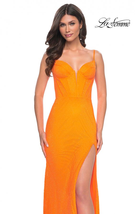 Picture of: Neon Rhinestone Fishnet Fitted Dress with Corset Top in Bright Orange, Style: 32427, Main Picture