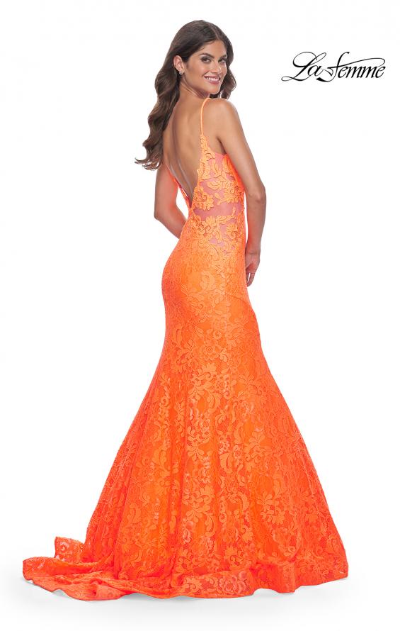 Picture of: Neon Long Mermaid Lace Dress with Back Rhinestone Detail in Bright Orange, Style: 32314, Back Picture