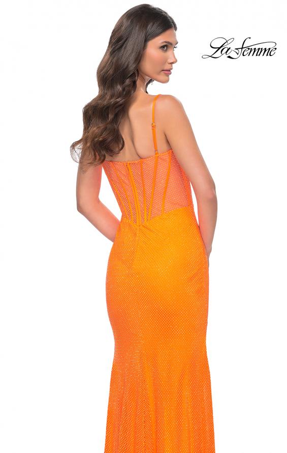 Picture of: Neon Rhinestone Fishnet Fitted Dress with Corset Top in Bright Orange, Style: 32427, Back Picture
