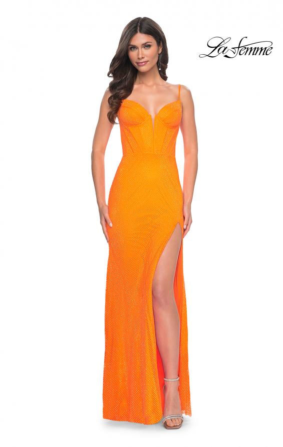 Picture of: Neon Rhinestone Fishnet Fitted Dress with Corset Top in Bright Orange, Style: 32427, Detail Picture 2