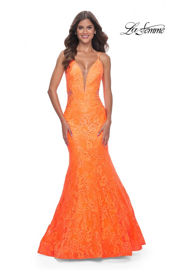 Picture of: Neon Long Mermaid Lace Dress with Back Rhinestone Detail in Bright Orange, Style: 32314, Detail Picture 3