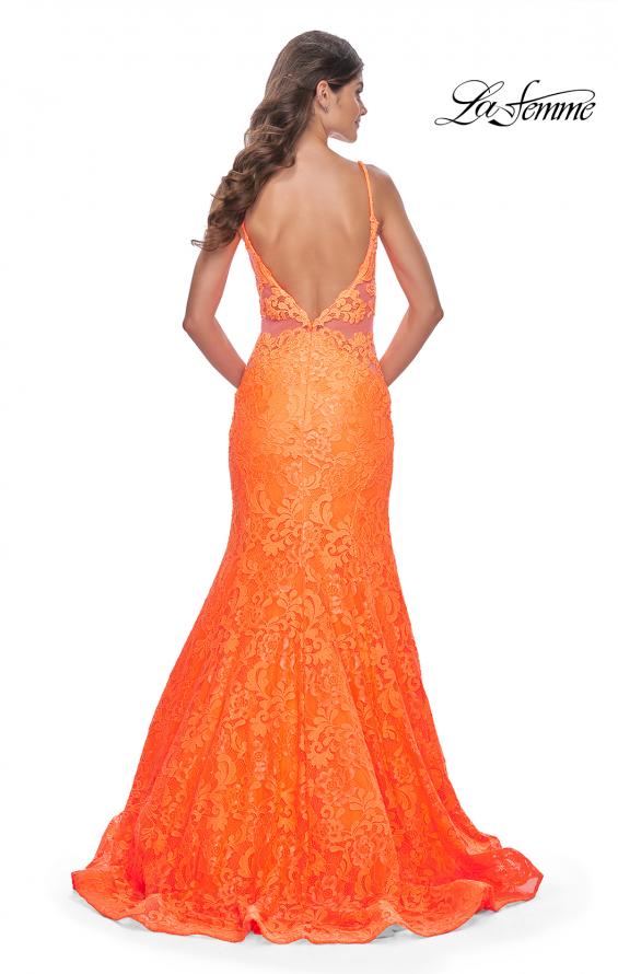 Picture of: Neon Long Mermaid Lace Dress with Back Rhinestone Detail in Bright Orange, Style: 32314, Detail Picture 4