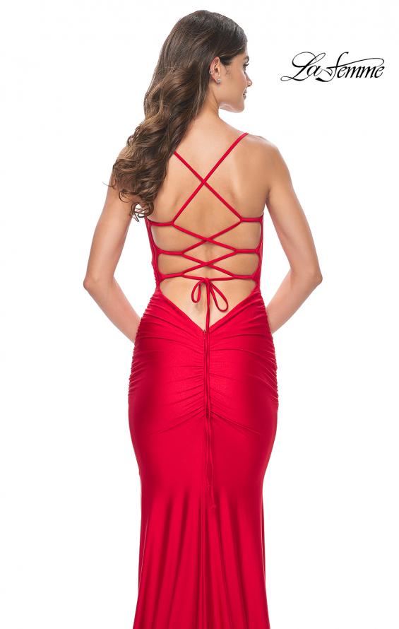 Picture of: Fitted Long Jersey Prom Dress with Ruching and Lace Up Back in Red, Style: 31618, Detail Picture 15