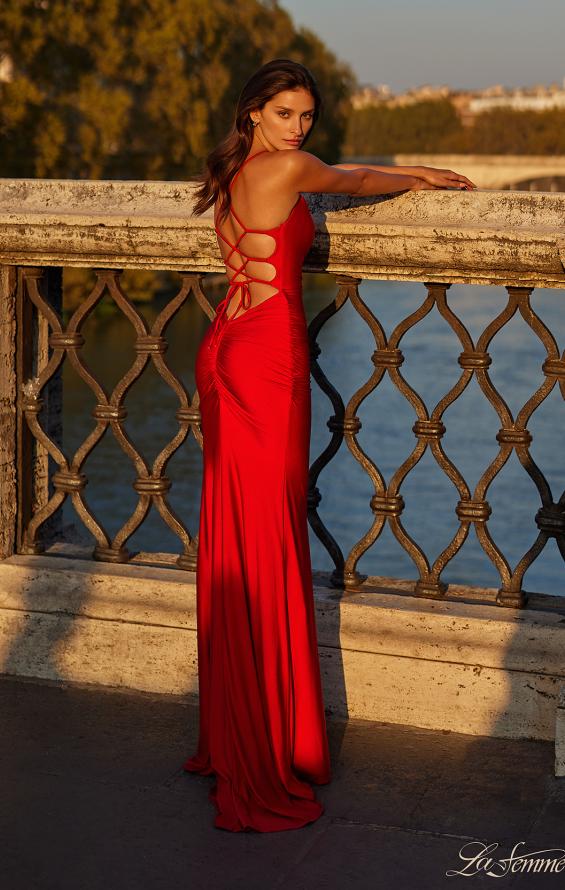 Picture of: Fitted Long Jersey Prom Dress with Ruching and Lace Up Back in Red, Style: 31618, Back Picture