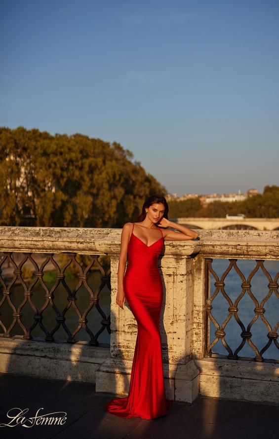 Picture of: Fitted Long Jersey Prom Dress with Ruching and Lace Up Back in Red, Style: 31618, Detail Picture 2