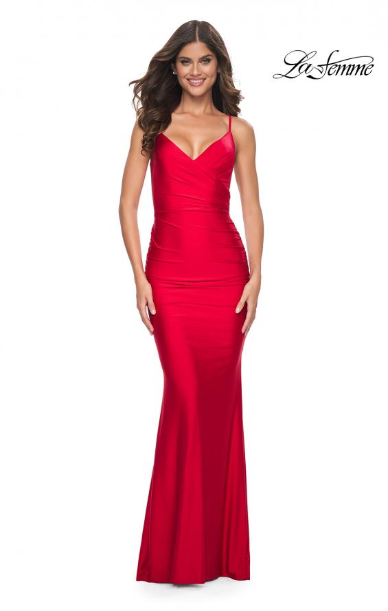 Picture of: Fitted Long Jersey Prom Dress with Ruching and Lace Up Back in Red, Style: 31618, Detail Picture 4