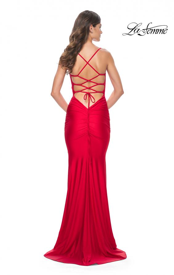 Picture of: Fitted Long Jersey Prom Dress with Ruching and Lace Up Back in Red, Style: 31618, Detail Picture 5