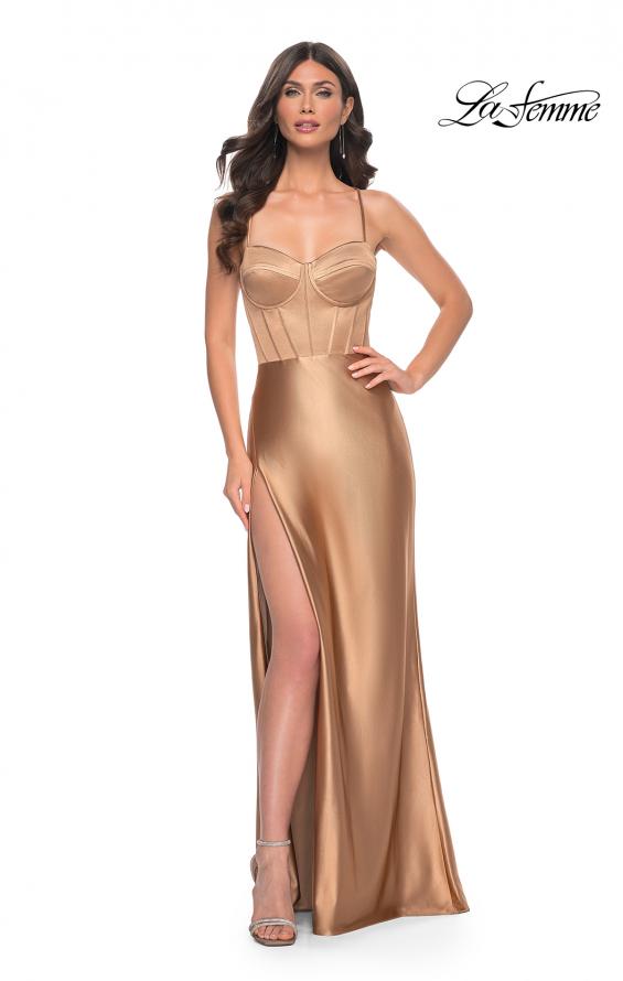 Picture of: Stretch Satin Gown with Bustier Top and Lace Up Back in Bronze, Style: 32264, Detail Picture 8