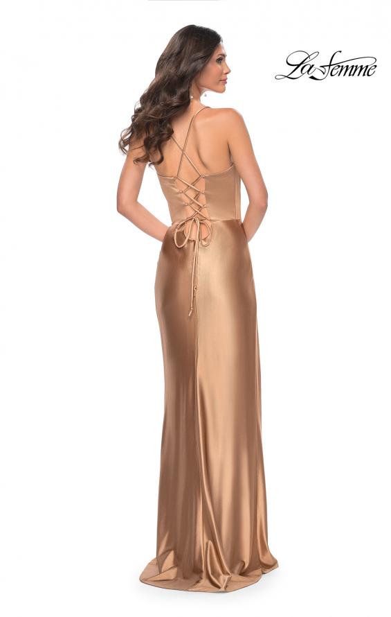 Picture of: Stretch Satin Gown with Bustier Top and Lace Up Back in Bronze, Style: 32264, Detail Picture 9