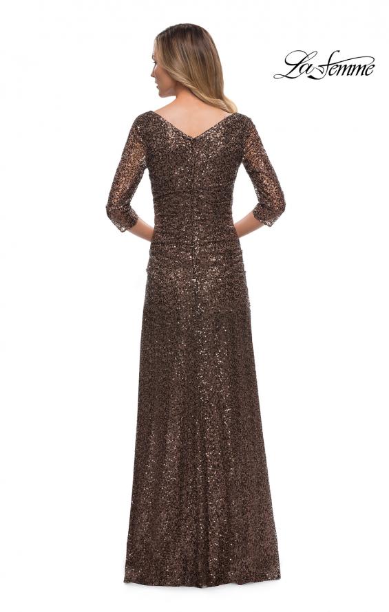 Picture of: Three-Quarter Sleeve Sequin Dress with Ruching in Bronze, Back Picture