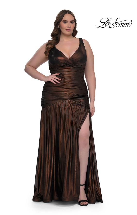 Picture of: Gorgeous Metallic Curve Dress with V Neck and Ruching in Bronze , Style: 33021, Main Picture