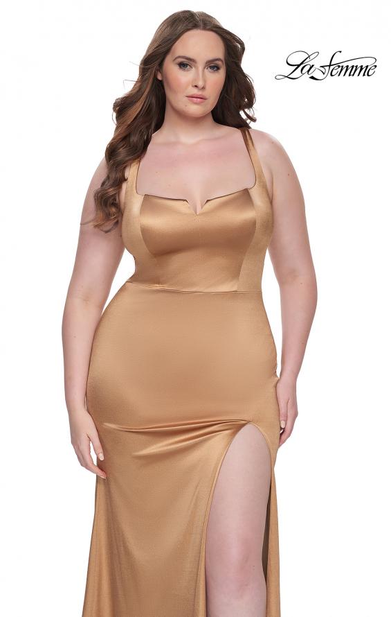 Picture of: Stretch Satin Plus Size Dress with Unique Neckline and Slit in Bronze, Style: 31266, Detail Picture 10