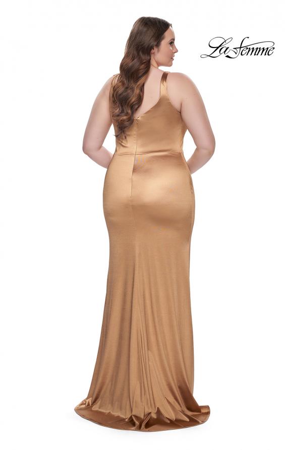 Picture of: Stretch Satin Plus Size Dress with Unique Neckline and Slit in Bronze, Style: 31266, Detail Picture 11