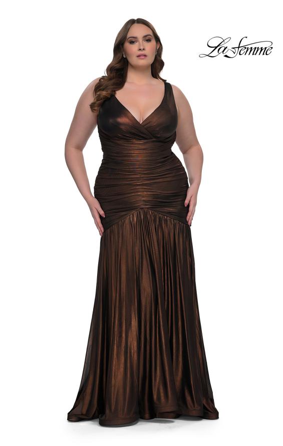 Picture of: Gorgeous Metallic Curve Dress with V Neck and Ruching in Bronze , Style: 33021, Detail Picture 1