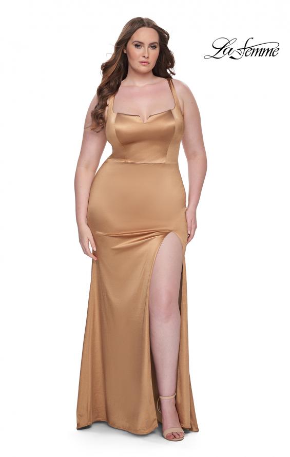 Picture of: Stretch Satin Plus Size Dress with Unique Neckline and Slit in Bronze, Style: 31266, Detail Picture 2