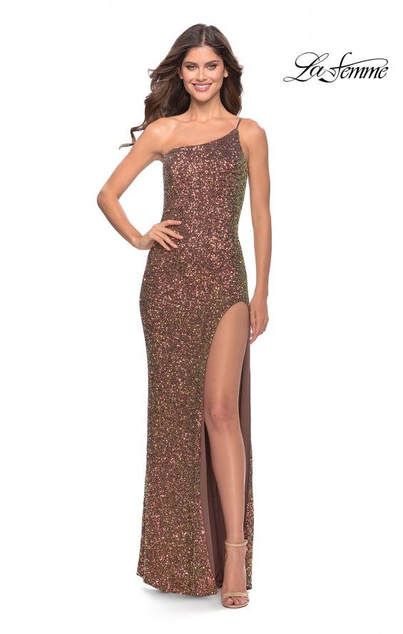 Picture of: Elegant Soft Sequin One Shoulder Long Dress in Bronze in Bronze, Style: 31426, Main Picture