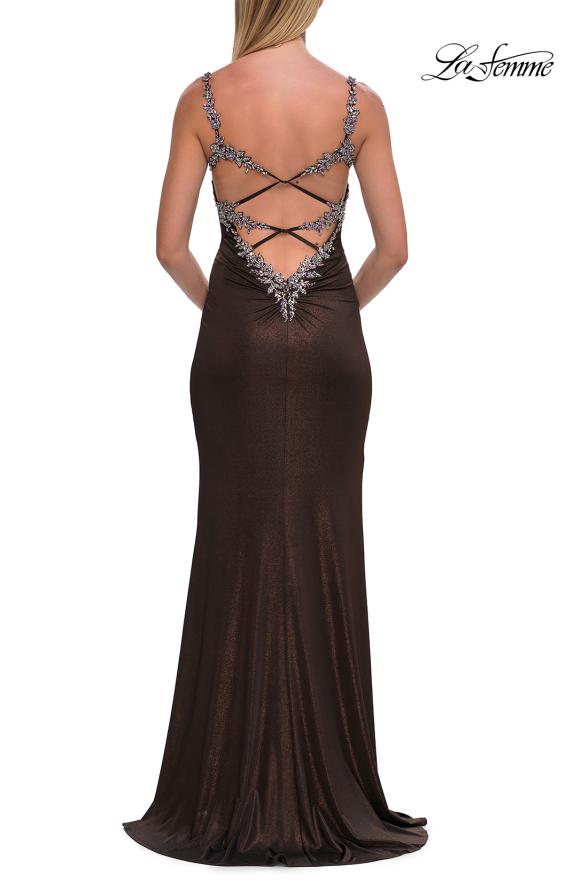 Picture of: Metallic Jersey Gown with Beaded Straps and Lace-Up Back in Bronze, Style: 33664, Detail Picture 8