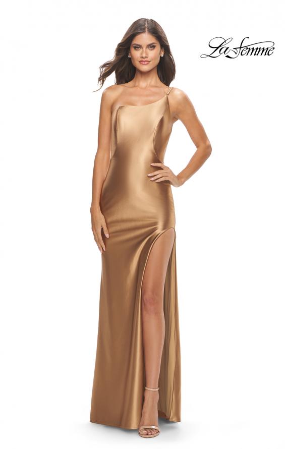 Picture of: Simple One Shoulder Liquid Jersey Dress in Bronze, Style: 31391, Detail Picture 17