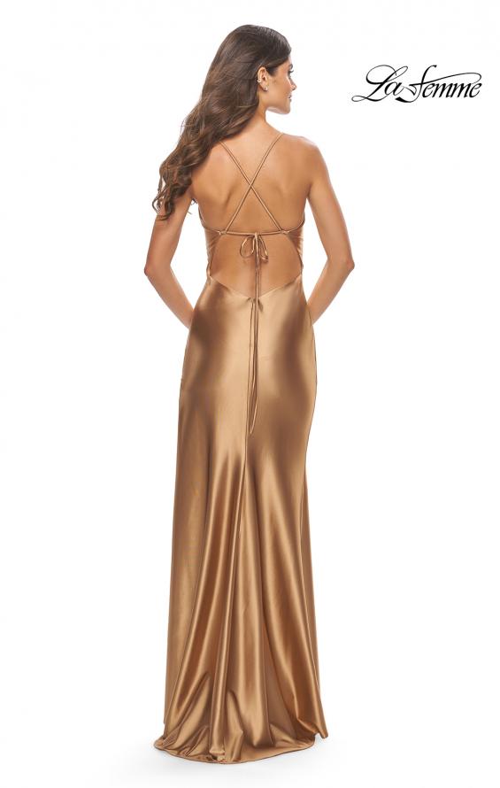 Picture of: Fitted Liquid Jersey Dress with High Slit and Open Back in Bronze, Style: 31208, Detail Picture 7