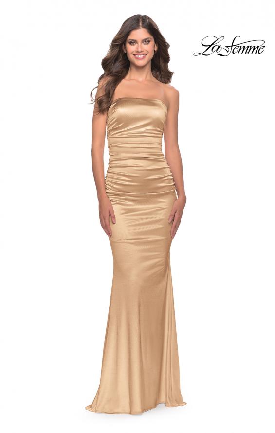 Picture of: Strapless Stretch Satin Dress with Ruching in Bronze, Style: 32300, Detail Picture 7