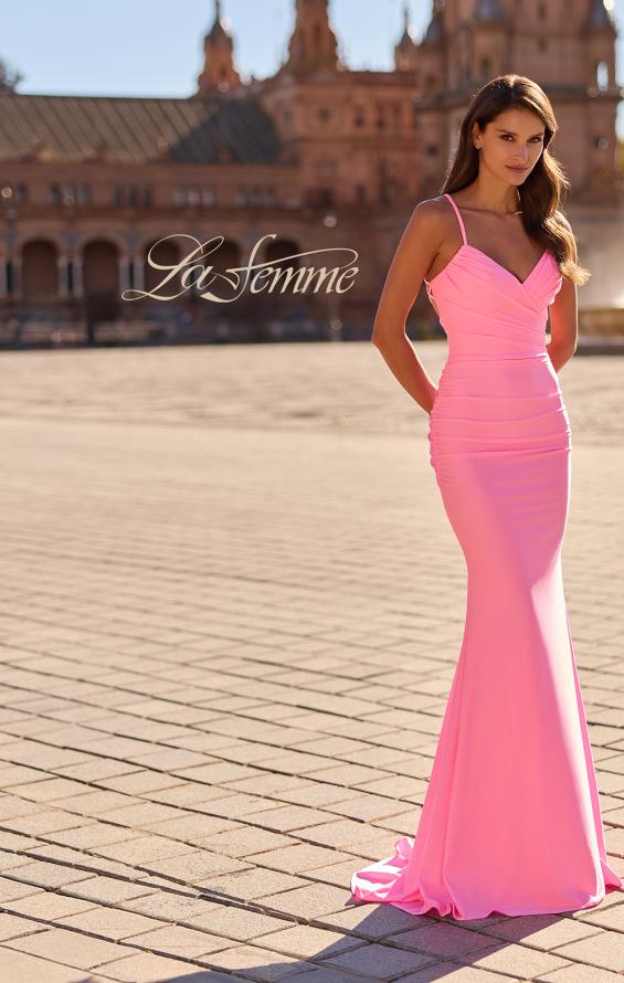 Picture of: Ruched Jersey Gown with Crisscross Open Back in Bubblegum Pink, Style: 33723, Detail Picture 11, Landscape