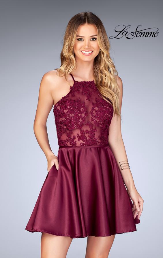 Picture of: Sheer Illusion Dress with Scattered Lace and Short Skirt in Burgundy, Style: 25202, Main Picture