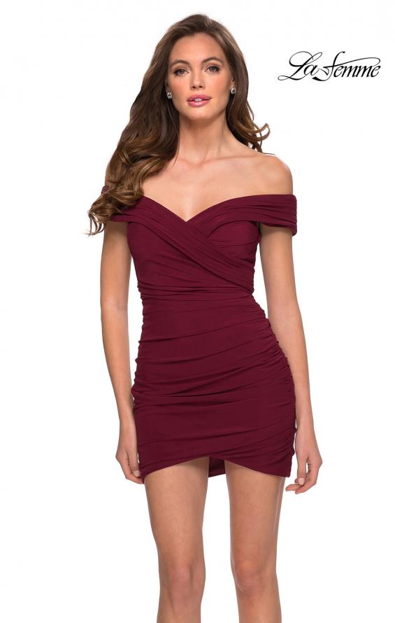 Picture of: Short Off The Shoulder Jersey Homecoming Dress in Burgundy, Style: 29486, Main Picture