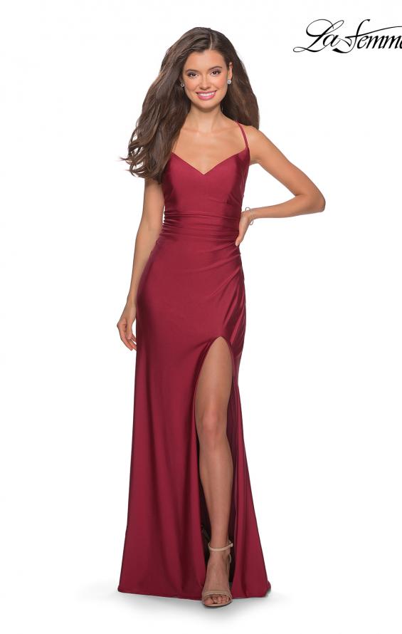 Picture of: Long Homecoming Dress with Slit and Criss Cross Back in Burgundy, Style: 28206, Detail Picture 8