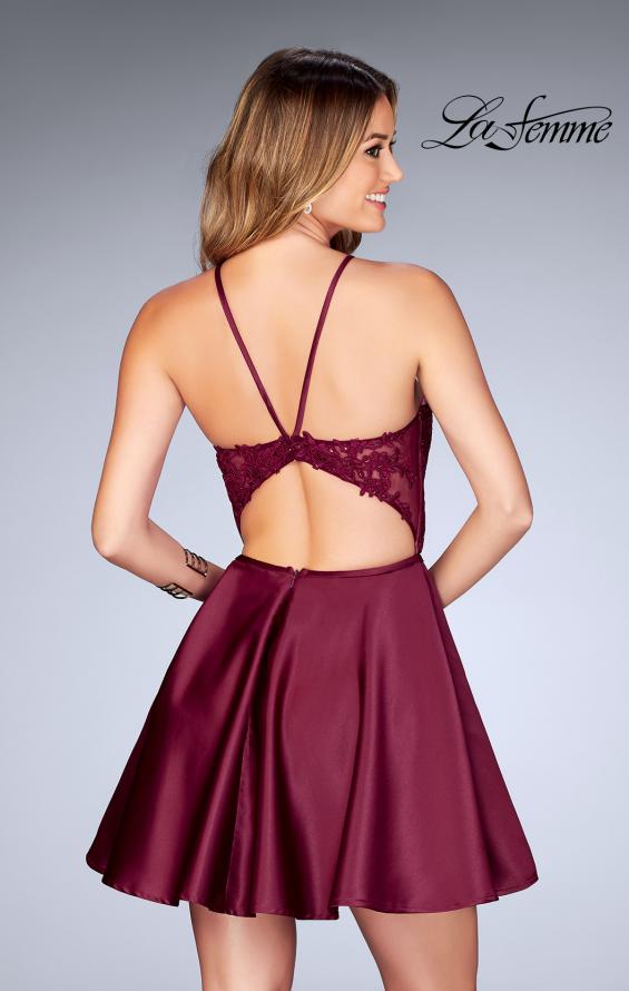 Picture of: Sheer Illusion Dress with Scattered Lace and Short Skirt in Burgundy, Style: 25202, Back Picture
