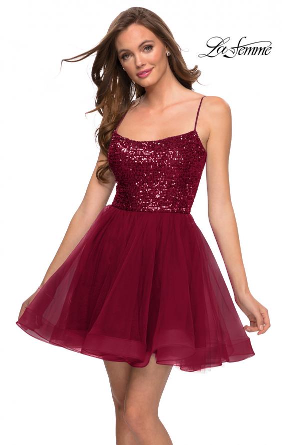 Picture of: Tulle and Sequin Short Party Dress with Corset Back in Burgundy, Style: 29237, Detail Picture 1