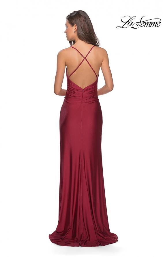 Picture of: Long Homecoming Dress with Slit and Criss Cross Back in Burgundy, Style: 28206, Detail Picture 4