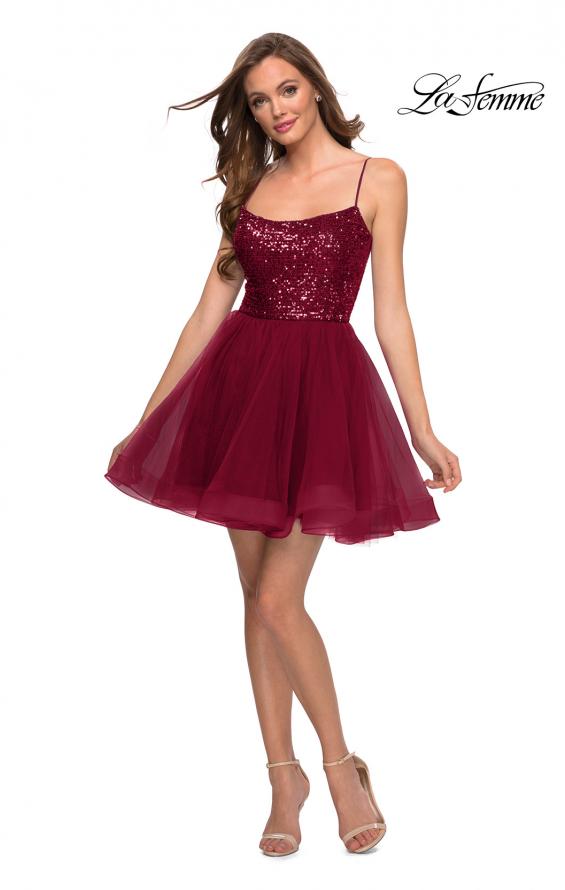 Picture of: Tulle and Sequin Short Party Dress with Corset Back in Burgundy, Style: 29237, Detail Picture 5