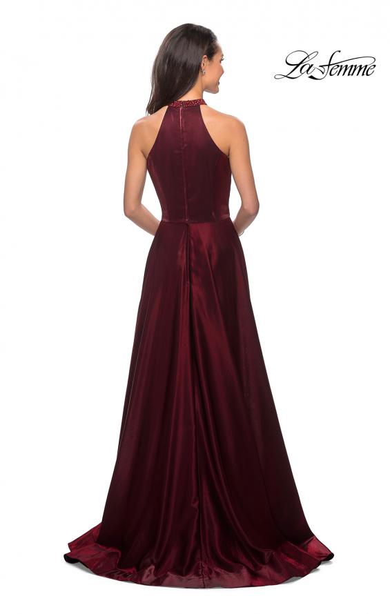 Picture of: Long Satin Gown with Embellished High Neckline in Burgundy, Style: 25576, Back Picture