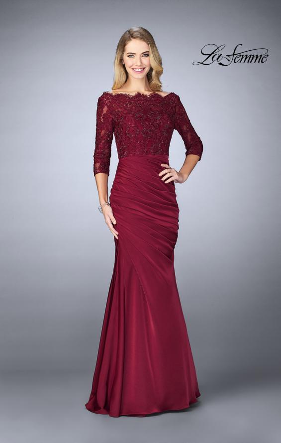 Picture of: Gathered Mermaid Satin Gown with Lace Top in Burgundy, Style: 24926, Detail Picture 7