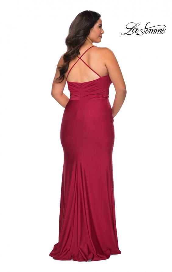 Picture of: Jersey Prom Dress for Curves with Slit and Criss Cross Back in Burgundy, Style: 29022, Back Picture