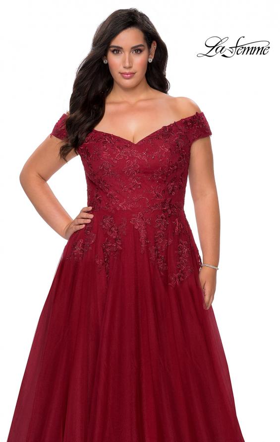 Picture of: Off The Shoulder Tulle Plus Size Gown with Lace in Burgundy, Style: 28950, Detail Picture 1