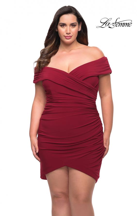 Picture of: Plus Size Short Jersey Off the Shoulder Dress in Burgundy, Style: 29521, Detail Picture 3
