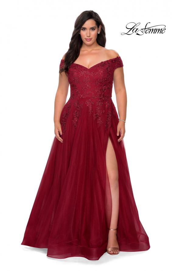 Picture of: Off The Shoulder Tulle Plus Size Gown with Lace in Burgundy, Style: 28950, Detail Picture 5