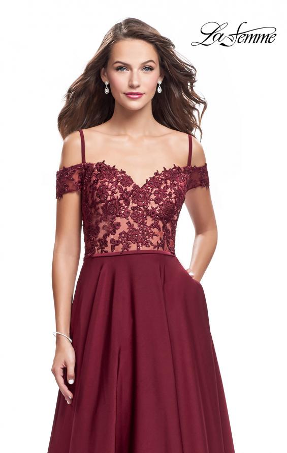 Picture of: Long A-line Prom Dress with Sheer Lace Beaded Bodice in Burgundy, Style: 25479, Main Picture