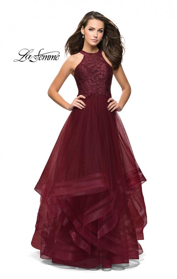 Picture of: Long Prom Ball Gown with Tulle Overlay and Beaded Top in Burgundy, Style: 25671, Main Picture