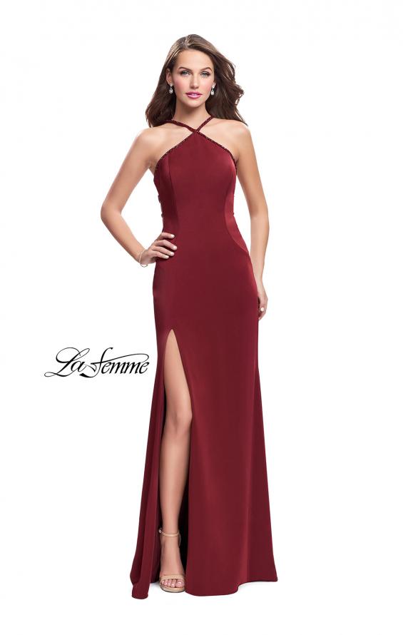 Picture of: Jersey Prom Dress with Beaded Straps and High Neckline in Burgundy, Style: 25698, Main Picture