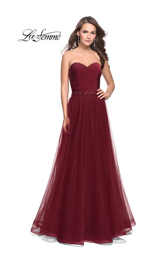 Picture of: Strapless A-line Ball Gown with Layered Tulle Skirt in Burgundy, Style: 25809, Main Picture